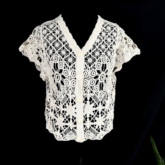 GLG Good Luck Gem Tops - Ivory Crochet Sheer Lace Top L Boho Chic Cottagecore Indie Short Sleeve Cardigan